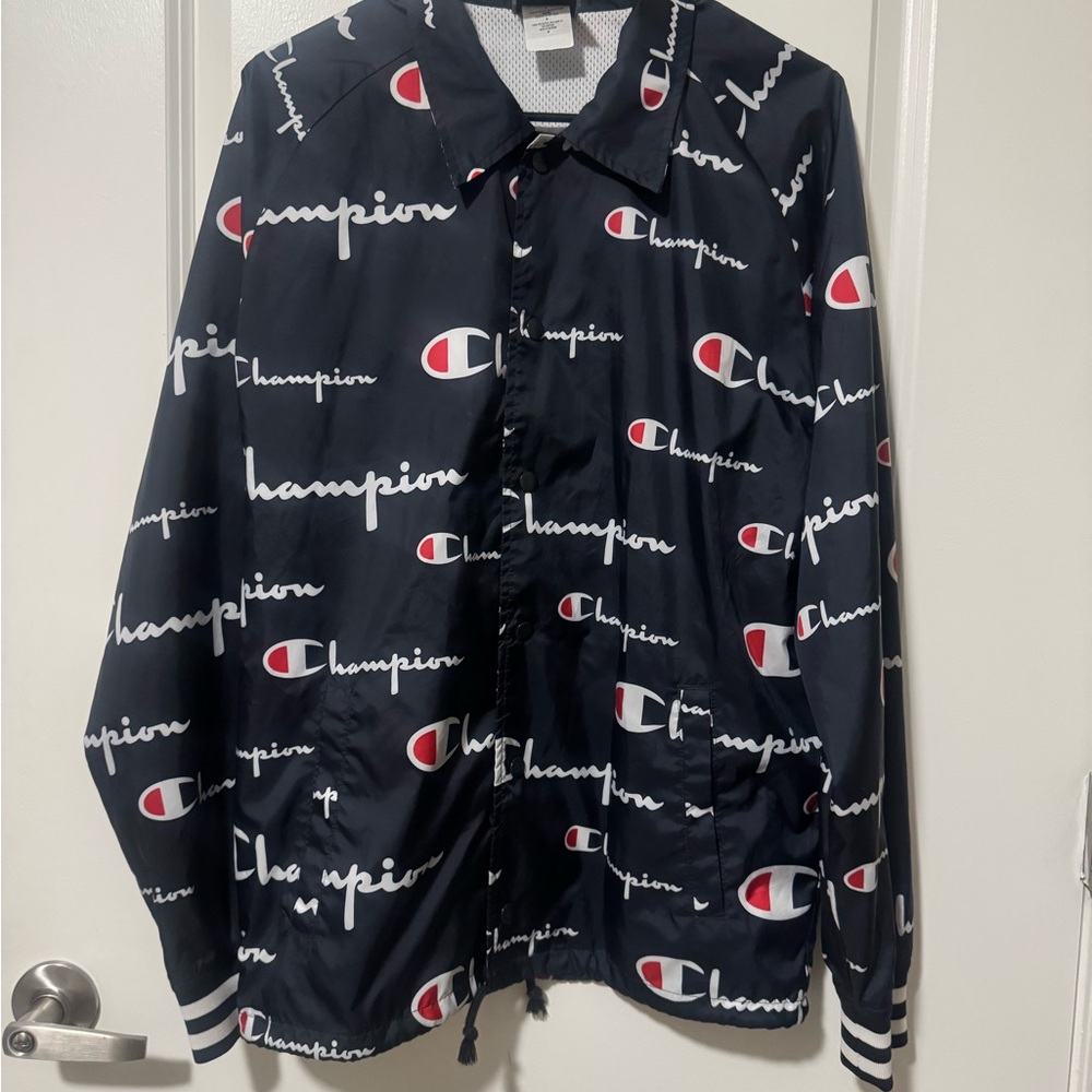 Champion Navy Script Logo Coach Jacket with White & Red Logos